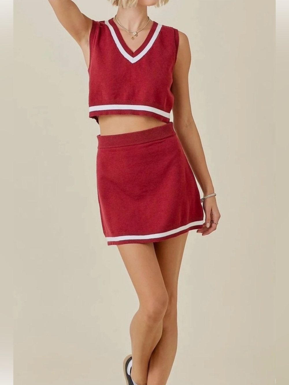 Red Knit Bandeau Crop Top & mini skirt Set w/White Trim Day + Moon Sz M LIKE NEW - Picture 3 of 16